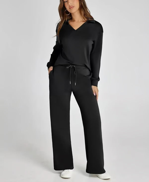 Ensemble polyvalent Chantal de Danoir Paris avec haut et pantalon en tissu élégant, porté par une mannequin.