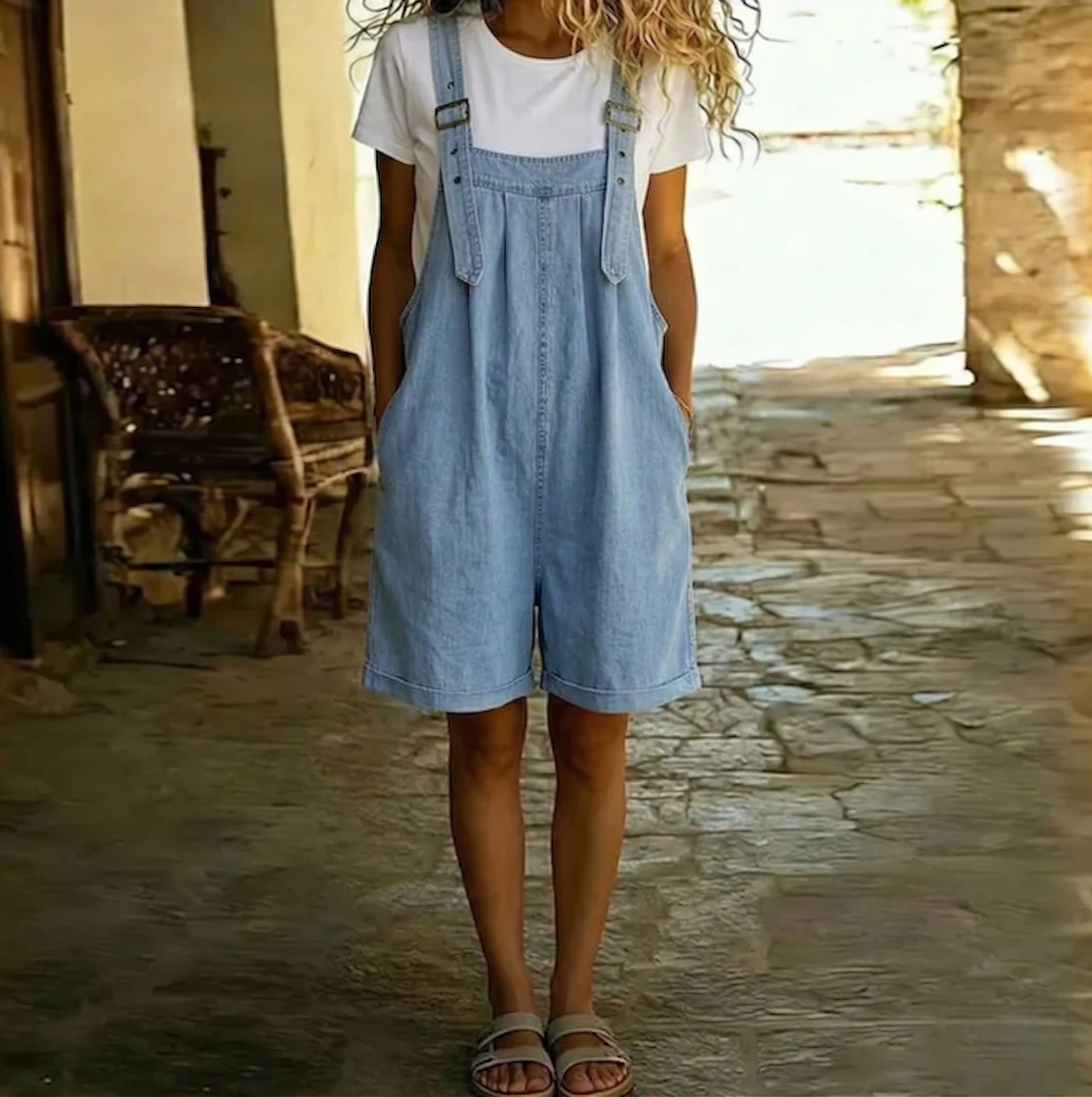 Salopette courte en denim bleu clair avec fini vintage délavé, modèle Clara de Danoir Paris, portée avec des détails visibles.