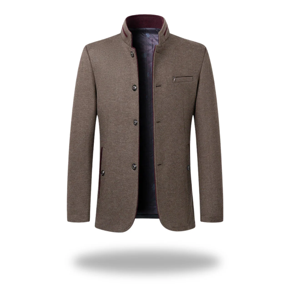 Blazer masculin élégant Danoir Paris, en tissu sombre, porté sur un mannequin avec chemise blanche et stylisme sophistiqué.