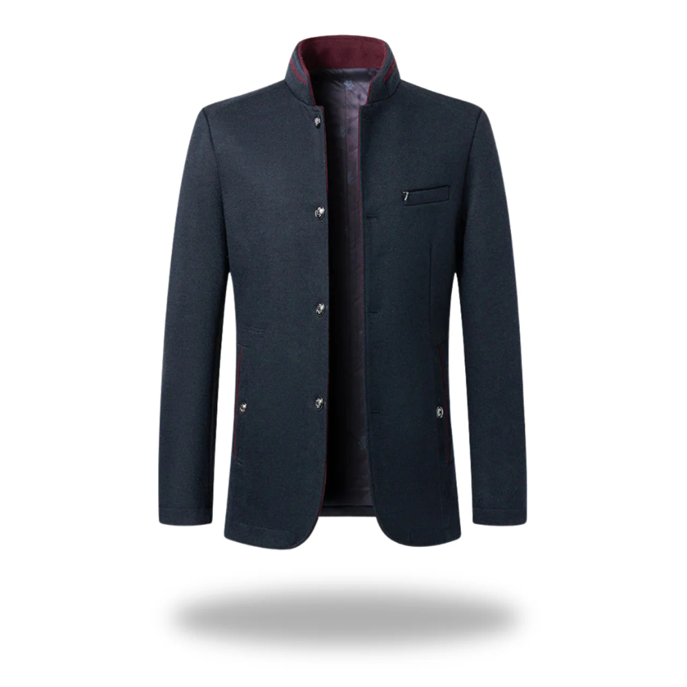 Blazer masculin élégant Danoir Paris, en tissu foncé avec revers contrastés, porté sur un mannequin.