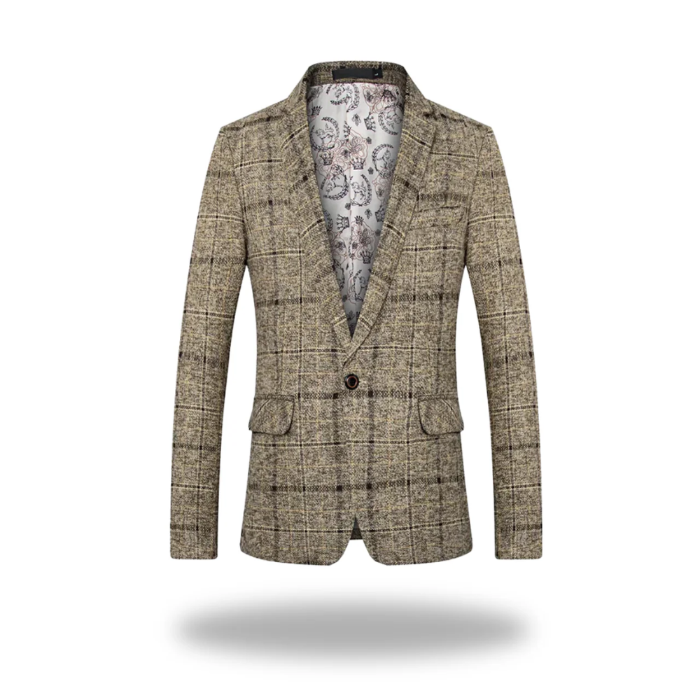 Blazer professionnel pour hommes Danoir Paris, tissu élégant, coupe moderne, porté sur une veste avec boutons et col classique.