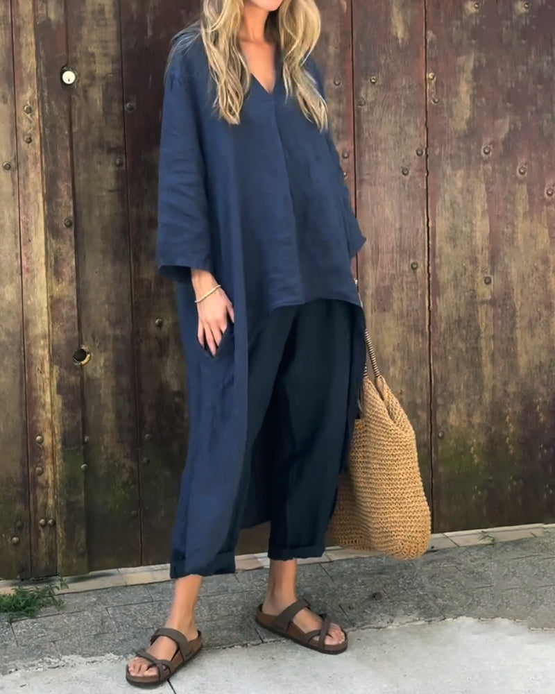 Ensemble chic et confortable Luxe de Danoir Paris, vêtements élégants en tissu doux et sophistiqué, porté par un mannequin.