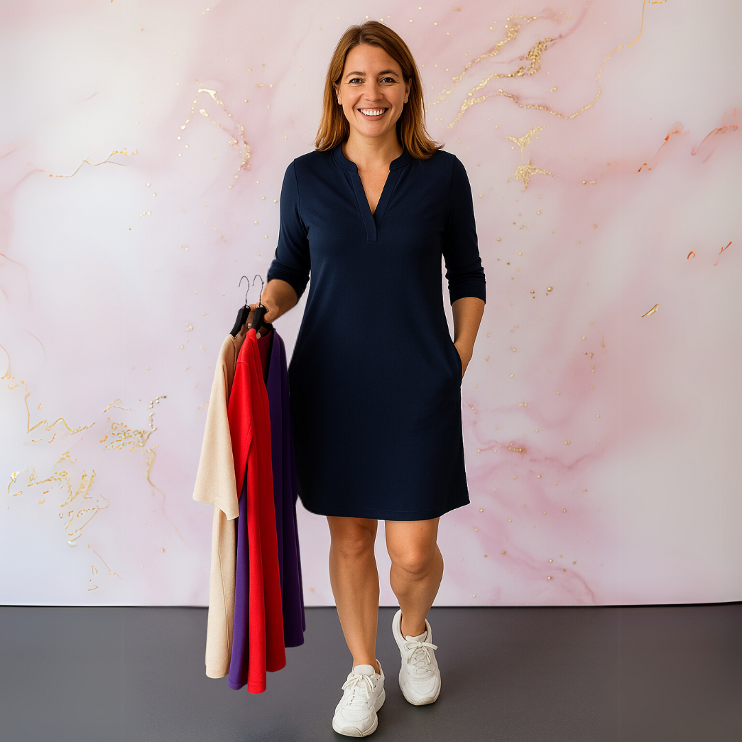 Robe élégante polyvalente Danoir Paris, modèle Hanneke, en tissu fluide avec détails sophistiqués, portée décontractée ou habillée.