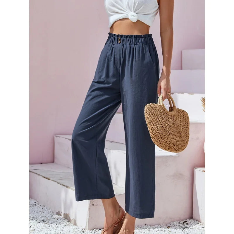 Pantalon d'été en lin et coton Soléa de Danoir Paris, bleu marine, coupe décontractée, tissu léger pour l'été.