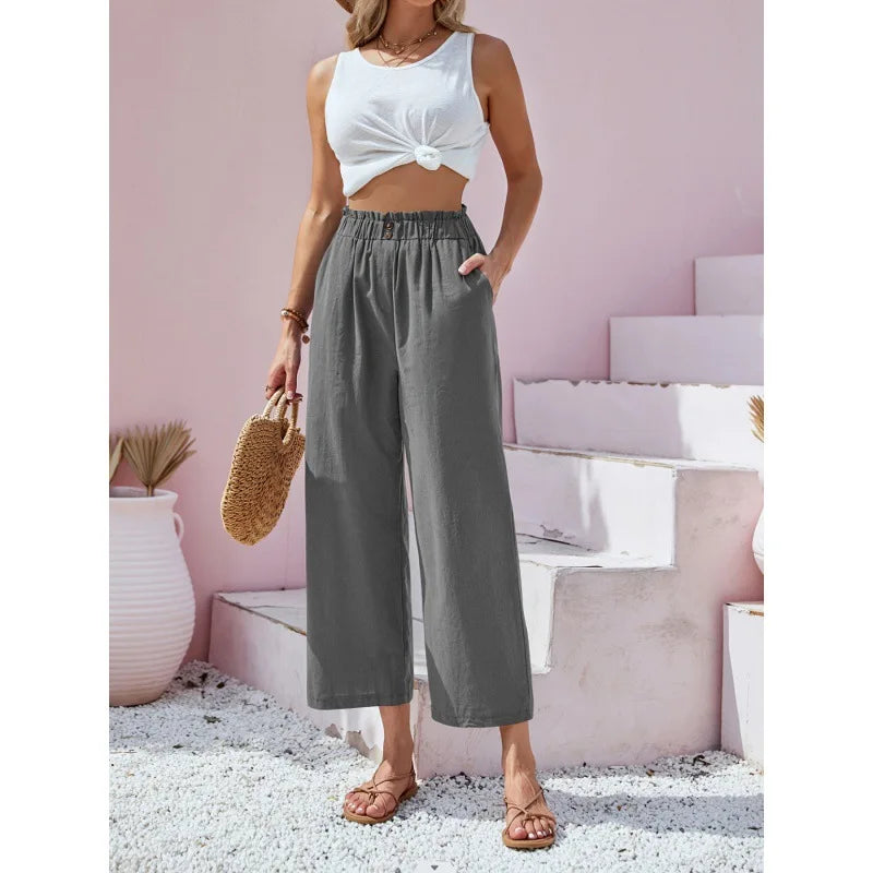 Pantalon d'été en lin et coton Soléa de Danoir Paris, couleur bleu marine, tissu léger et confortable pour l'été.
