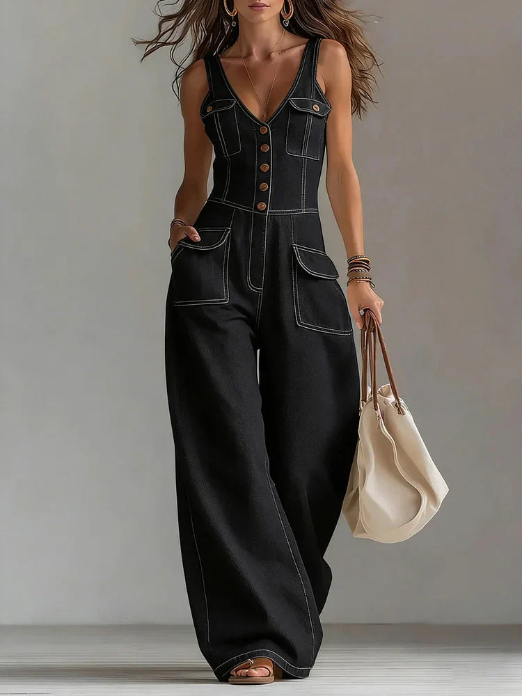 Combinaison en jean ample Sophie de Danoir Paris, look décontracté, vêtement en denim bleu, portée décontractée et confortable.