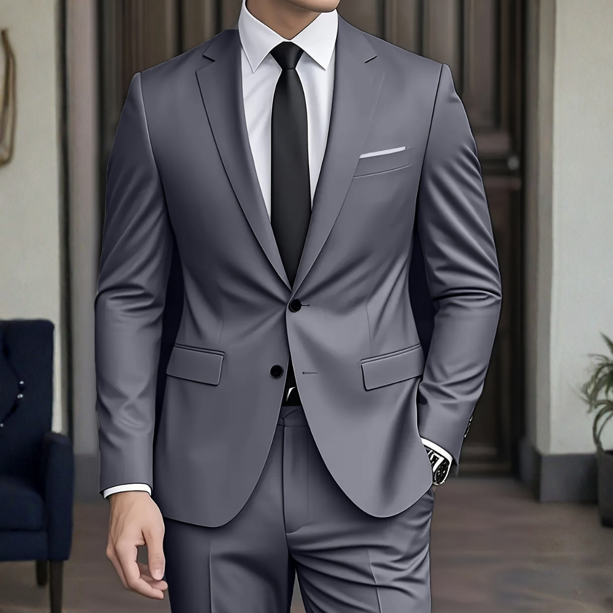 Costume moderne pour homme Danoir Paris, veste bleue avec manches longues, pantalon assorti, style élégant et contemporain.