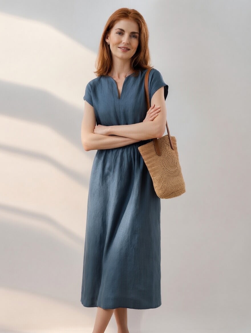 Robe en lin mélangé Lina de Danoir Paris, fluide et élégante, portée sur un fond neutre.