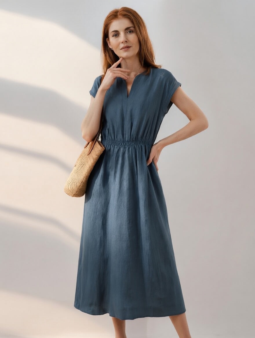 Robe en lin mélangé Lina de Danoir Paris, fluide et élégante, avec coupe sophistiquée et tissu léger visible sur l'image.