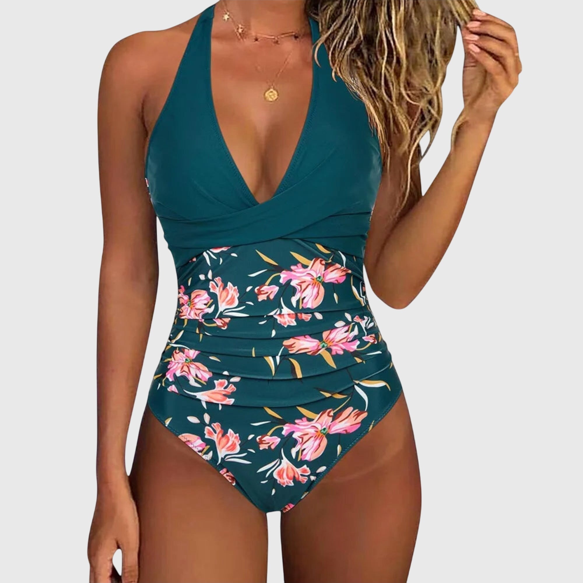 Maillot de bain femme Florence Danoir Paris avec décolleté en V, design élégant et ajusté, en tissu bleu foncé.