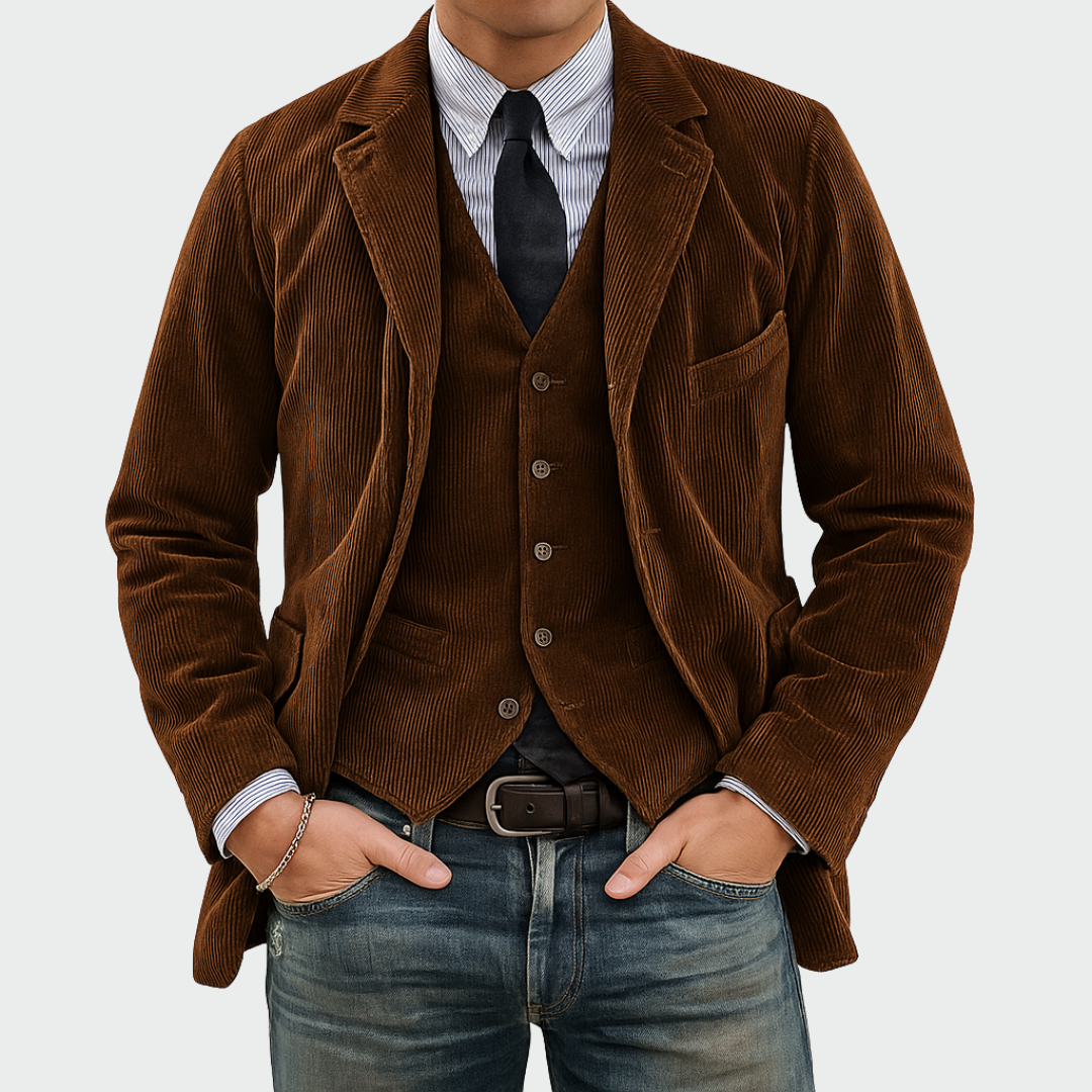 Veste en velours Danoir Paris et gilet assorti pour un ensemble 2 pièces élégant, vue de face sur fond neutre.