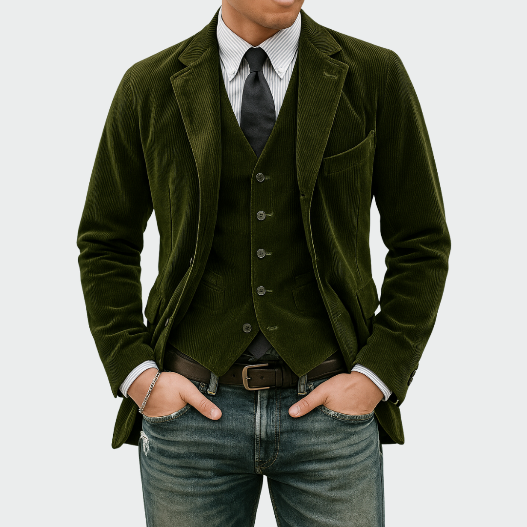 Veste en velours et gilet assorti de l'ensemble 2 pièces Danoir Paris, élégants et confortables.