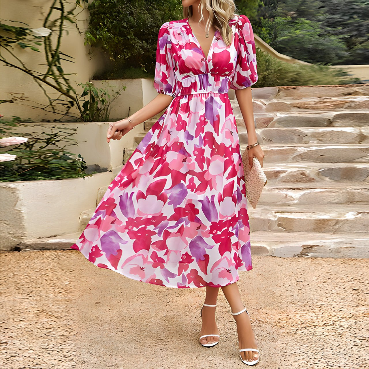 Robe midi élégante Danoir Paris Jenny, vêtement fluide avec imprimé, col en V et manches lanternes pour femmes.