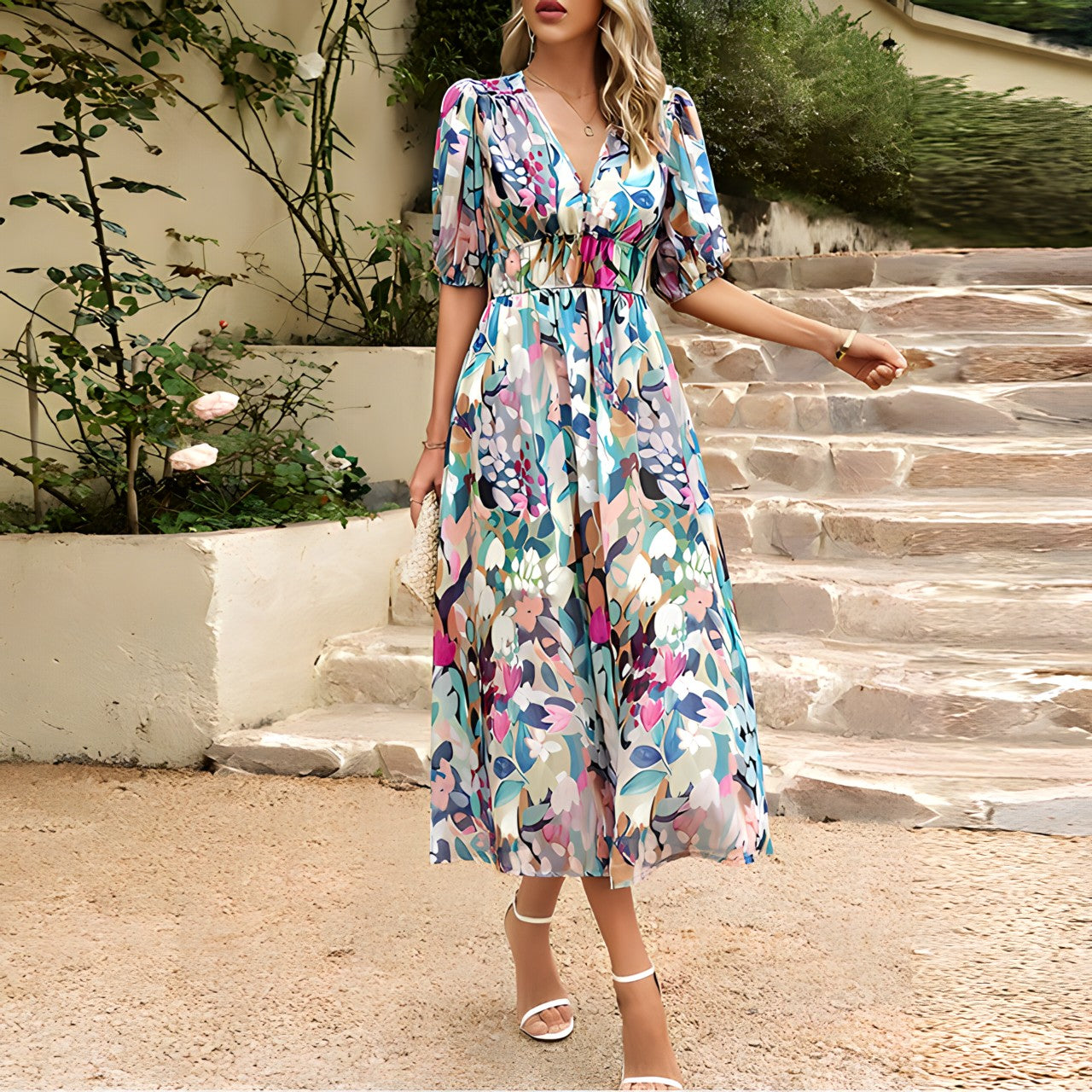 Robe midi chic Danoir Paris avec imprimé floral, col en V et manches lanternes, parfaite pour une allure élégante.