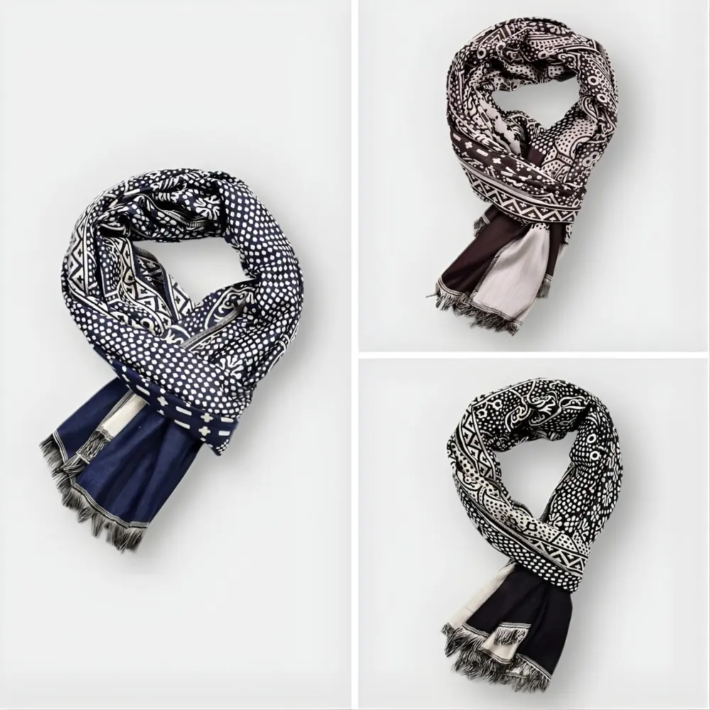 Écharpe en coton à motifs vintage Thibault™ de Danoir Paris, design coloré et élégant, portée ou pliée pour un style rétro.