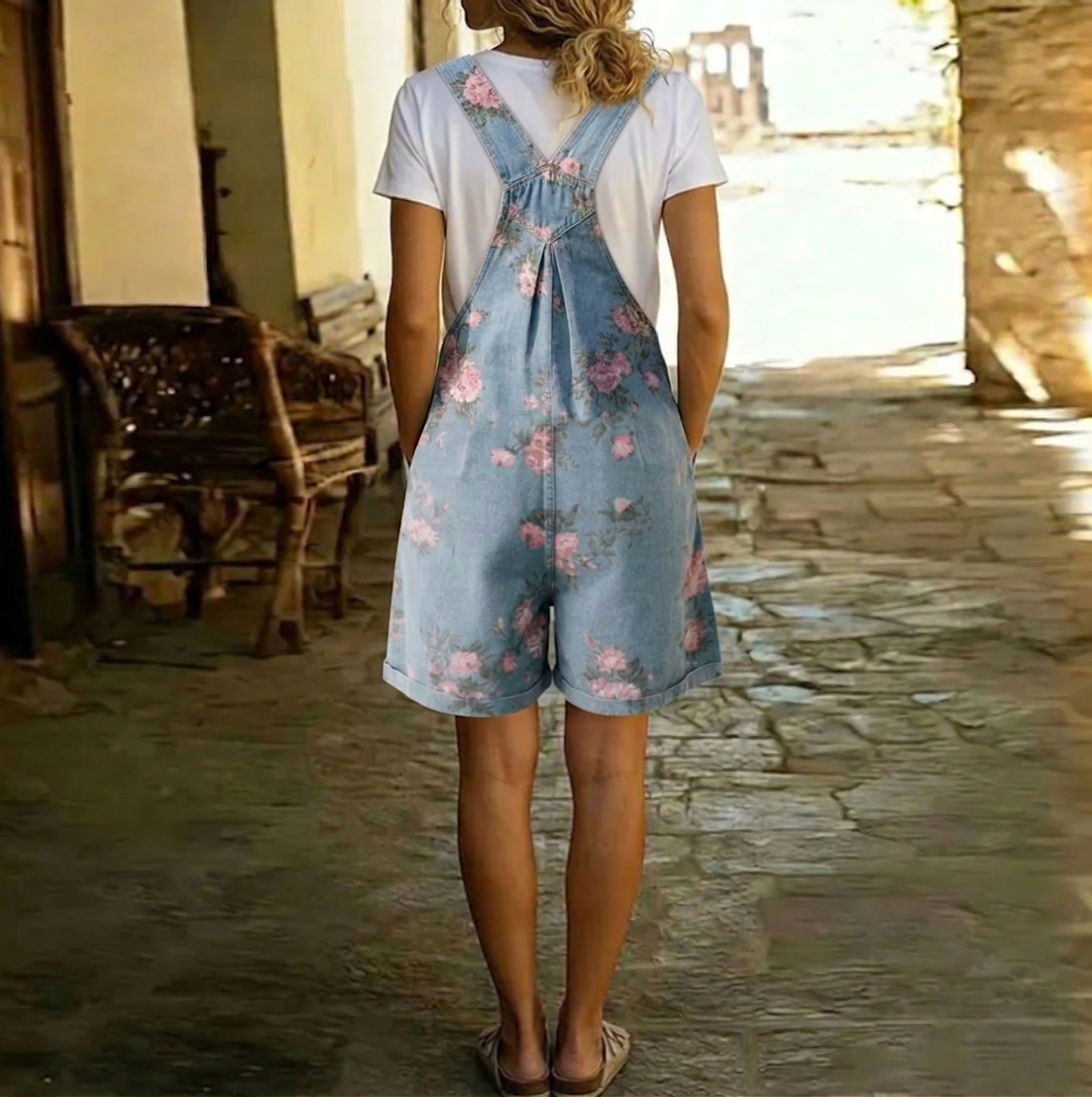 Salopette en denim vintage à fleurs Judy de Danoir Paris, avec détails floraux doux et style rétro.