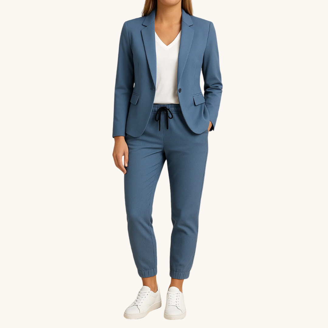 Ensemble confort élégant Monique Danoir Paris, haut et pantalon en tissu moderne, look chic et décontracté, porté en mode casual.