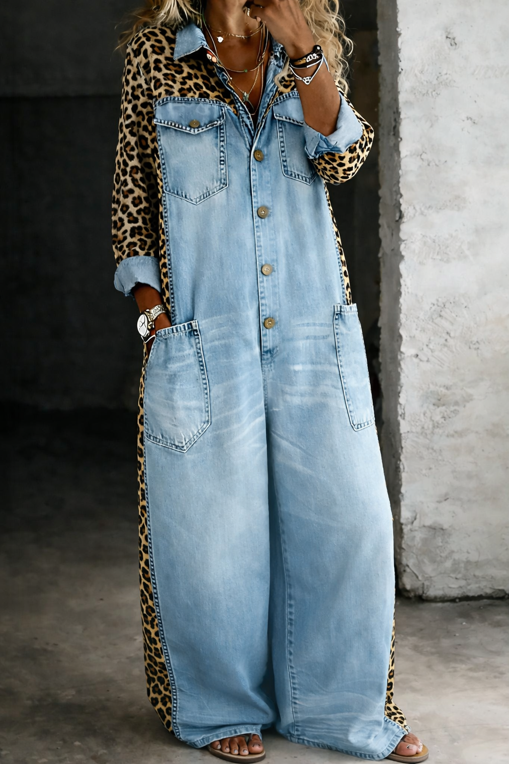Combinaison en jean Amanda de Danoir Paris, vêtement une pièce bleue avec col et boutons, portée décontractée pour femme.