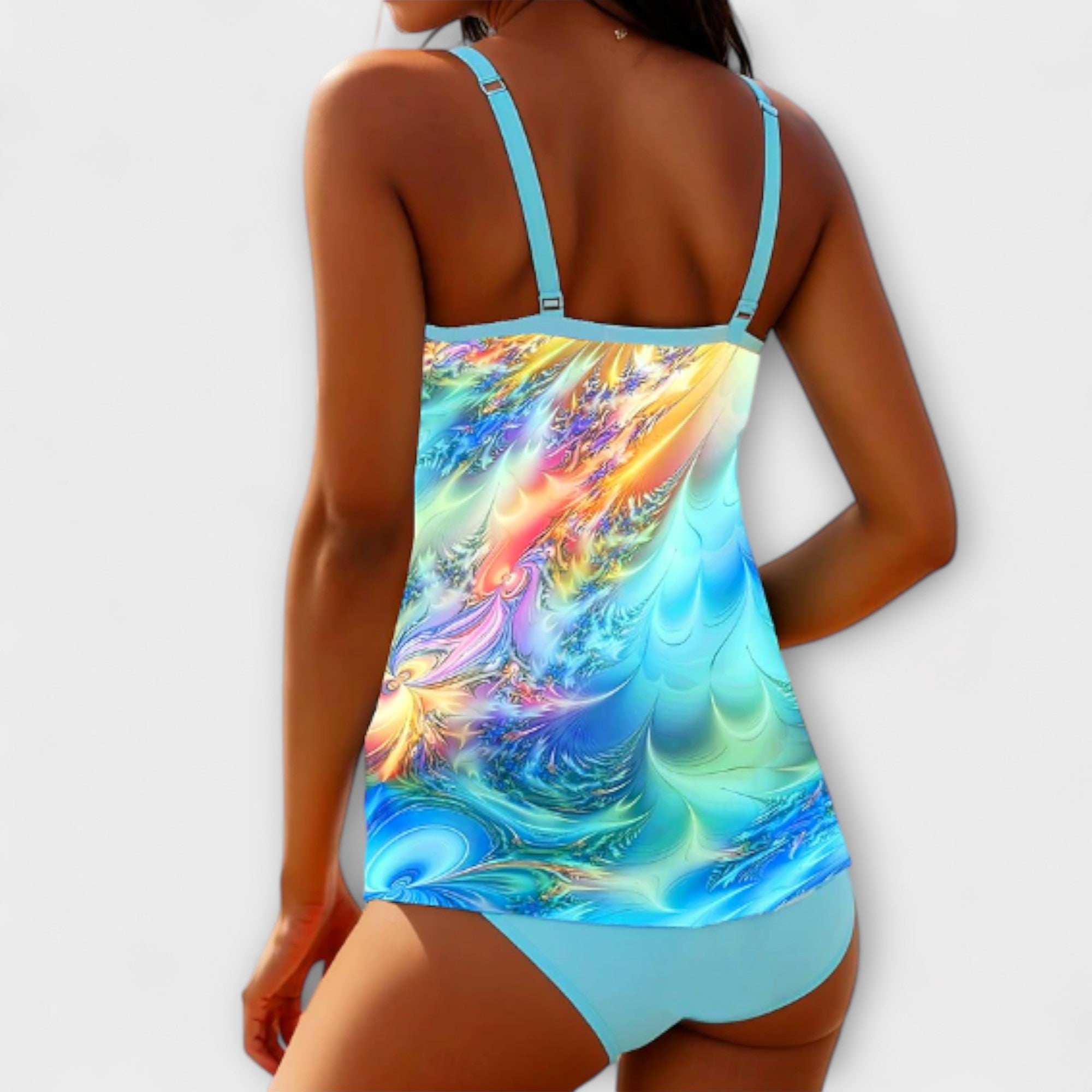 Ensemble tankini Patrizia bleu de Danoir Paris, haut et bas assortis, tissu léger et confortable pour la plage.