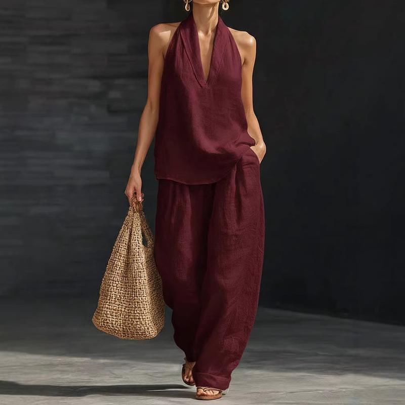 Ensemble deux pièces Danoir Paris Ainhoa en texture de lin de couleur bordeaux, vêtements élégants et confortables.