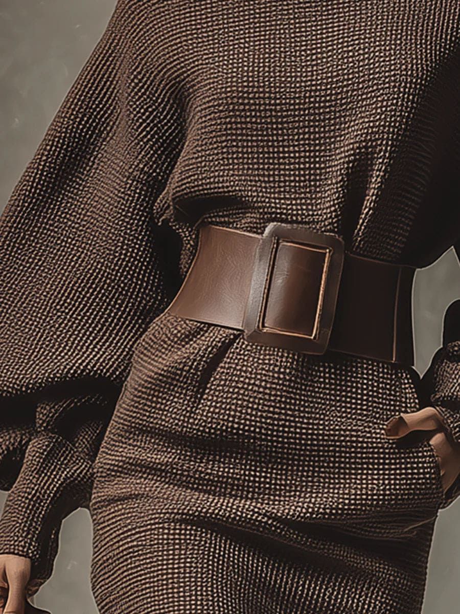 Robe courte en maille marron foncé pour femme avec ceinture structurée, par Danoir Paris, détail élégant et confortable.