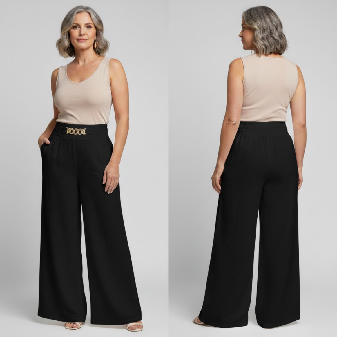 Pantalon large taille haute sculptant Évelyne™ de Danoir Paris, en tissu noir avec ceinture intégrée, vue de face.