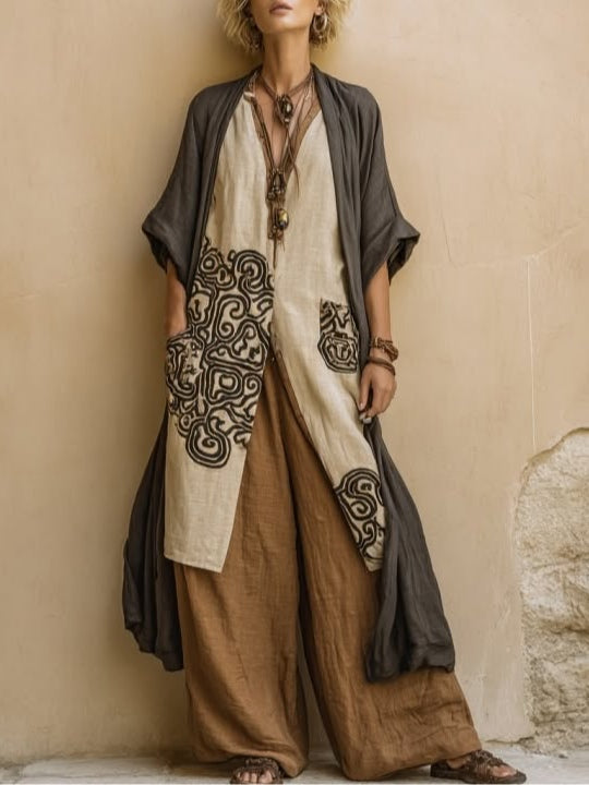 Ensemble d'été Suzanne Boho de Danoir Paris, tenue décontractée gris foncé avec motifs bohèmes, pour un look estival léger.
