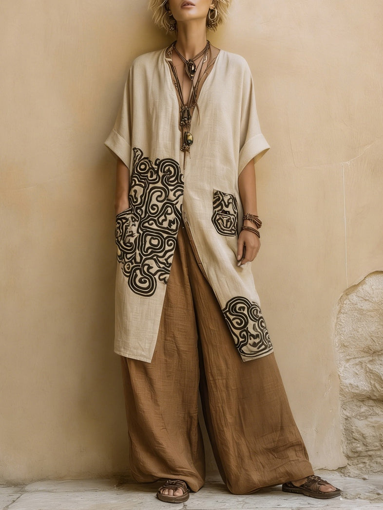 Ensemble d'été Suzanne Boho de Danoir Paris, tenue décontractée gris foncé avec motifs bohèmes, pour femmes.