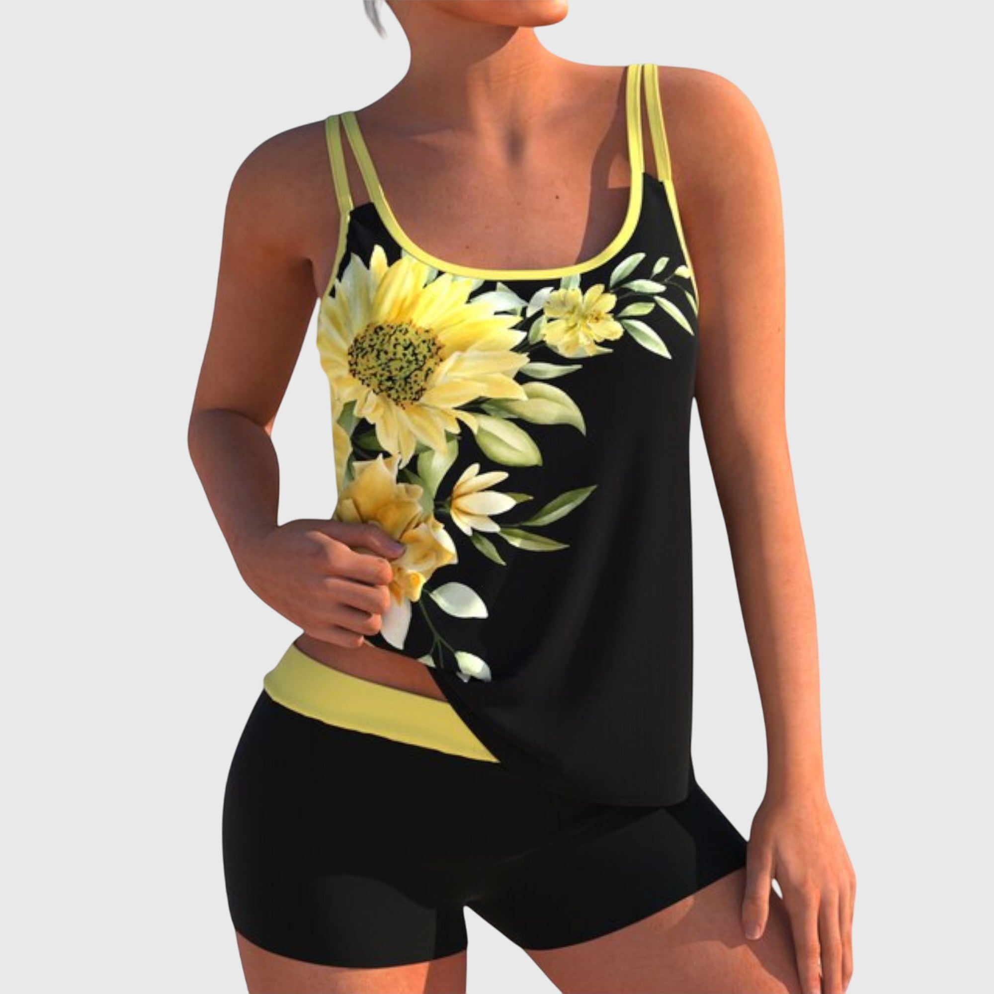 Tankini floral bleu avec short Danoir Paris, maillot de bain tankini à effet ventre plat, style confortable et élégant.