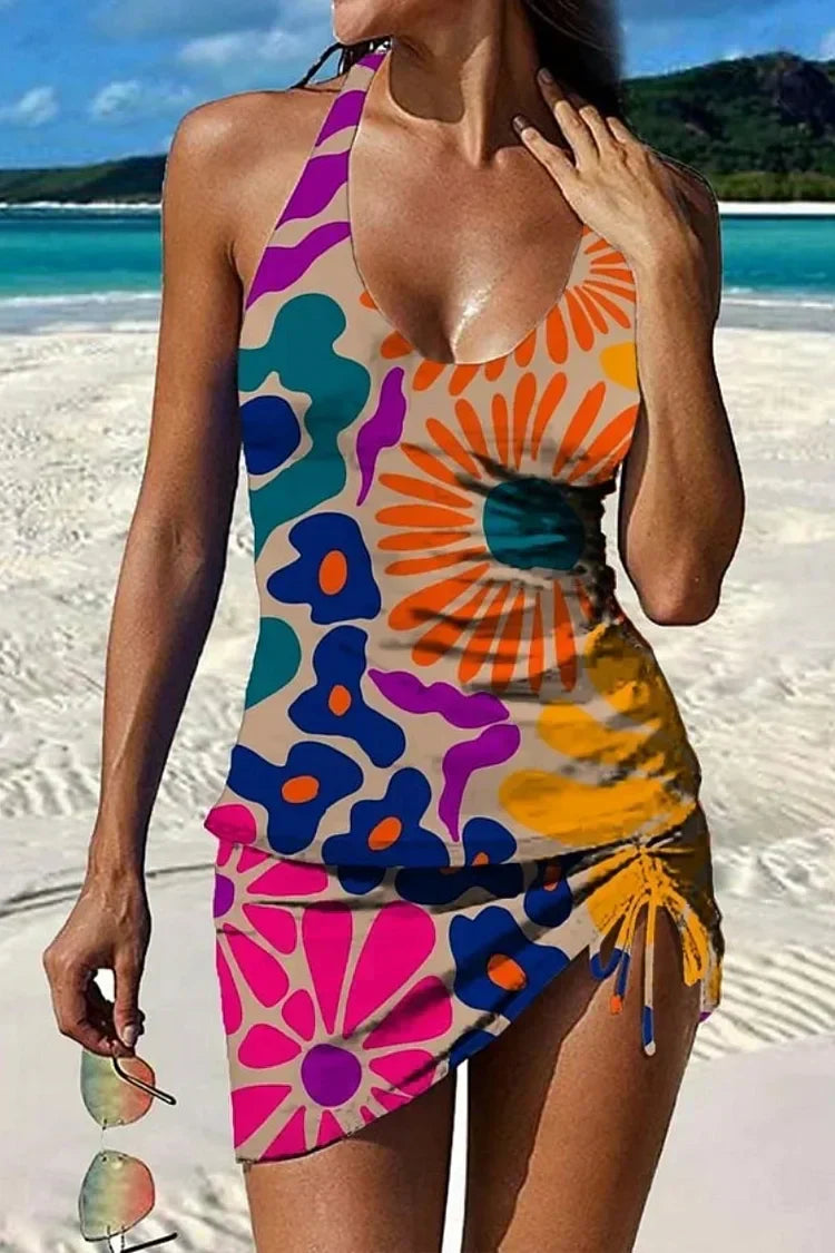 Ensemble tankini floral graphique Danoir Paris avec short, effet gainant pour le ventre, style élégant et confortable.