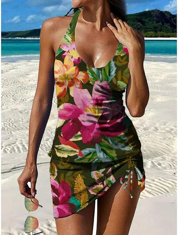 Tankini floral graphique orange avec short Danoir Paris, effet de contrôle du ventre, ensemble de maillot de bain femme.