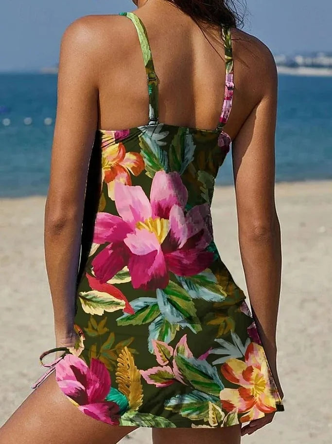 Tankini graphique fleuri Danoir Paris avec short et effet ventre plat, maillot de bain deux pièces élégant pour femmes.