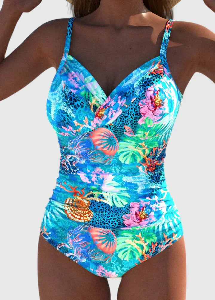Maillot de bain sophistiqué Meloryanne de Danoir Paris, en tissu coloré avec détails élégants, porté sur mannequin.