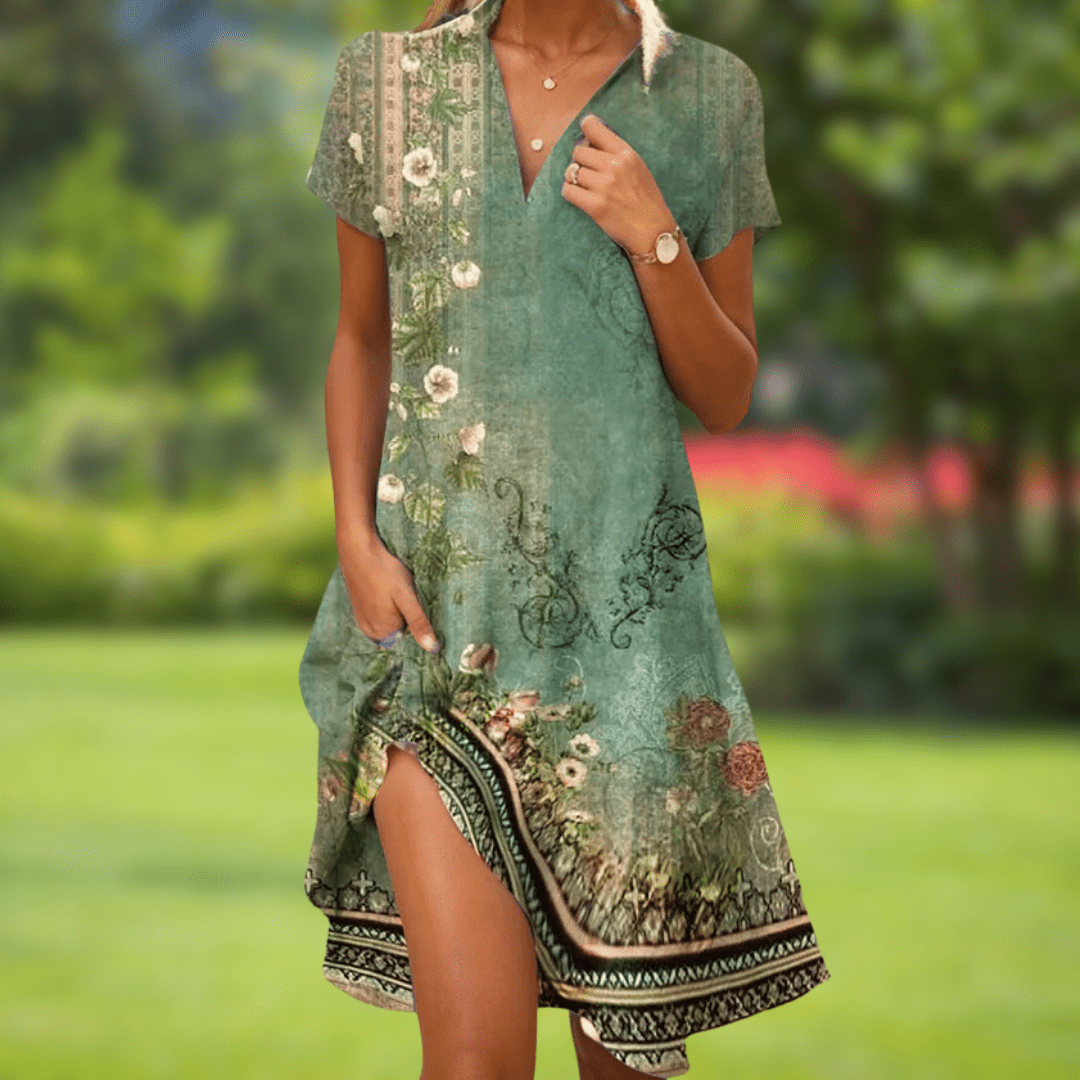 Robe élégante chic Danoir Paris Firi, style classique avec coupe flatteuse et tissu sophistiqué, portée par une femme.