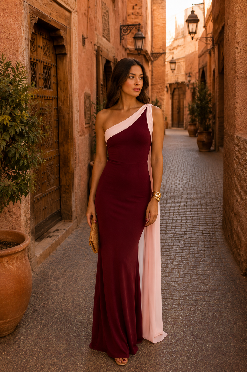 Robe Vivian en bordeaux de Danoir Paris, vêtement élégant avec coupe fluide et détails sophistiqués, vue de face.