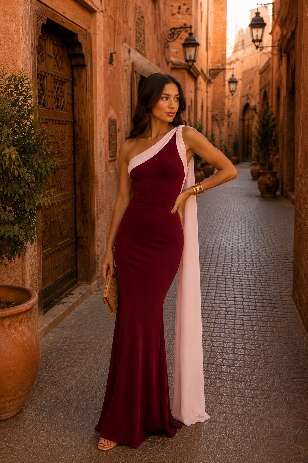 Robe Vivian en burdeos Danoir Paris, légère et élégante, portée avec des détails en tissu fluide.