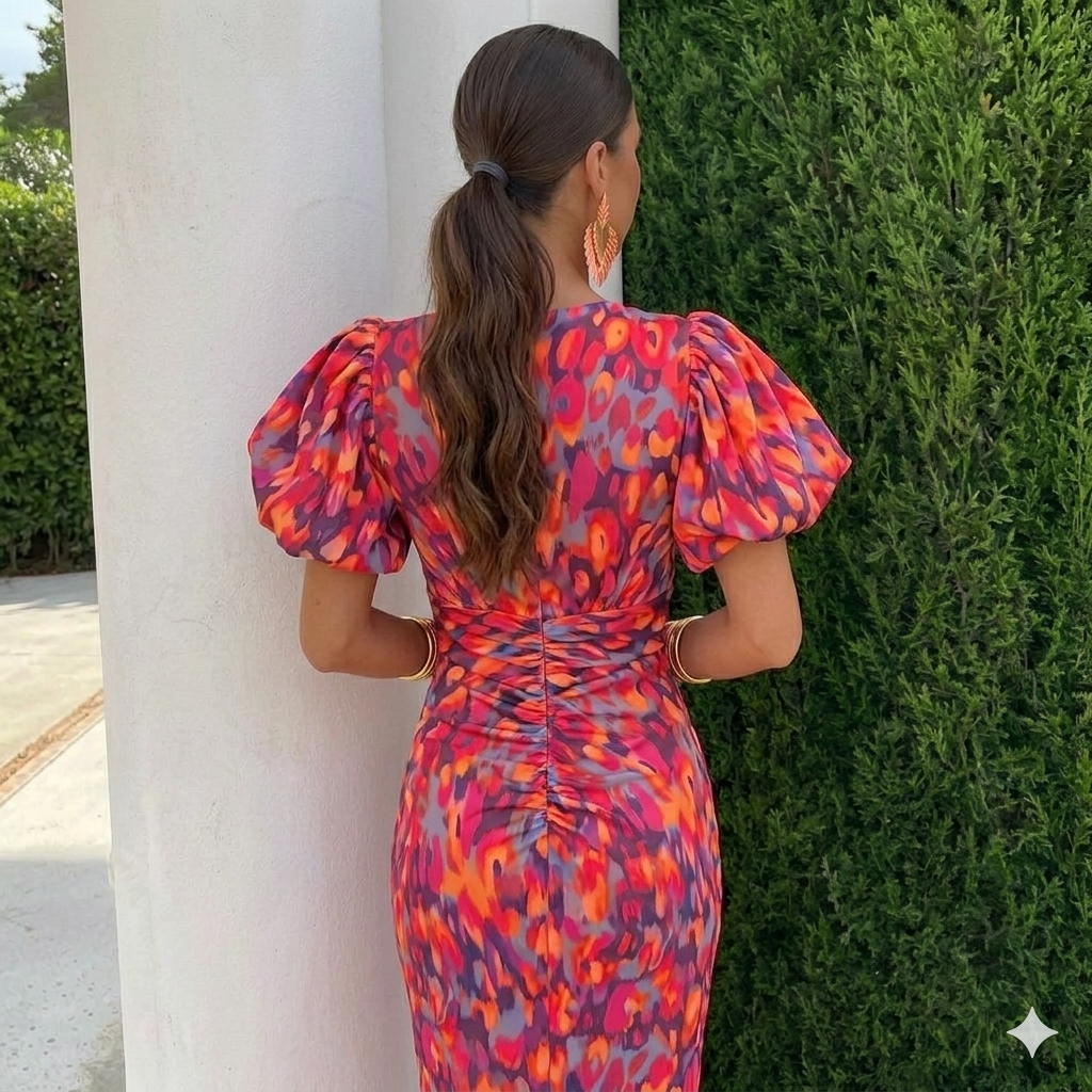 Robe Tora™ de Danoir Paris avec manches plissées, coupe élégante et tissu léger, portée dans un style sophistiqué.