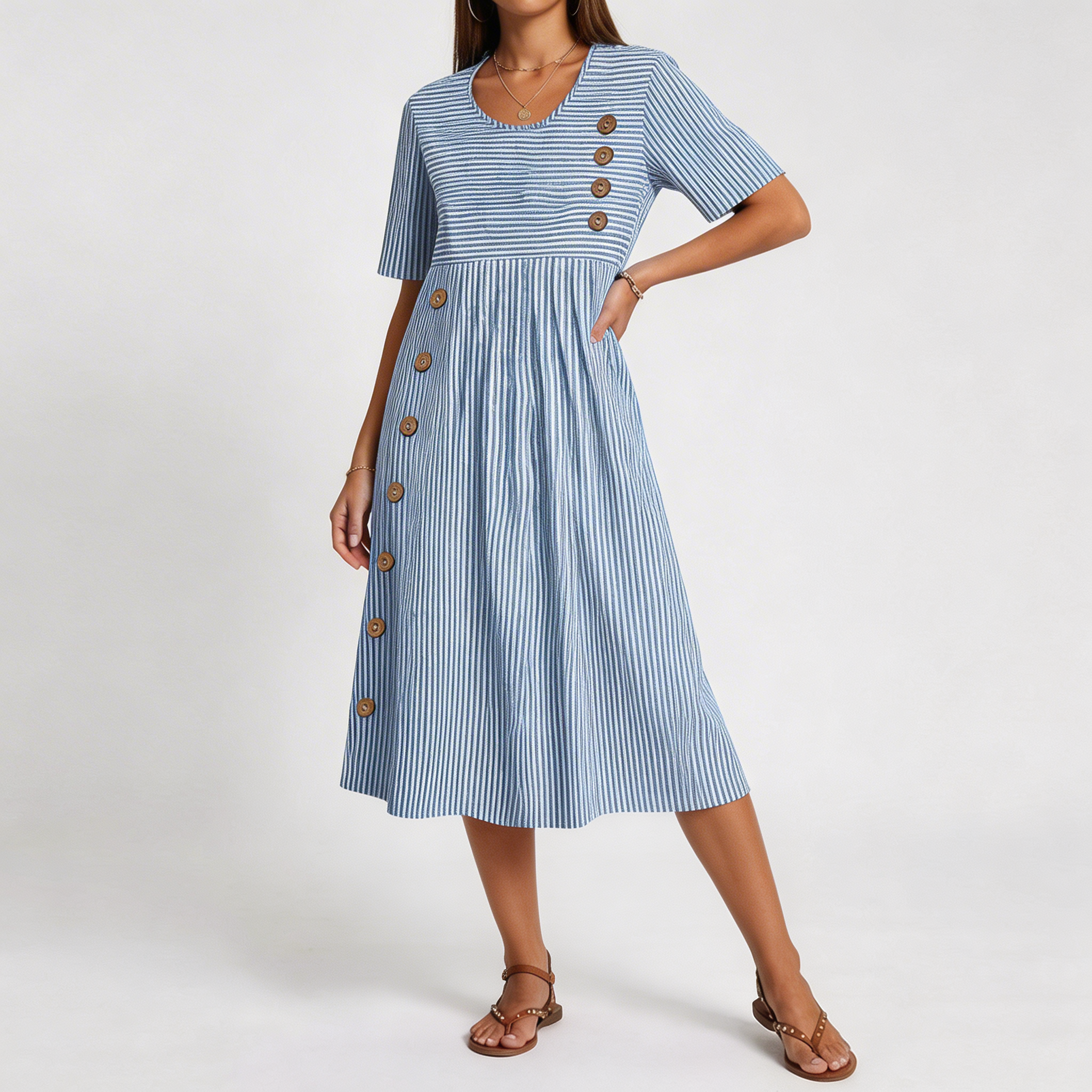 Robe Sophia Danoir Paris en tissu respirant de couleur bleue, vêtement féminin confortable et léger, portée décontractée.