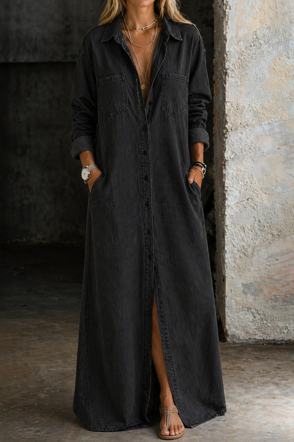 Robe en denim Andrea de Danoir Paris avec boutons, portée décontractée, vue de face.