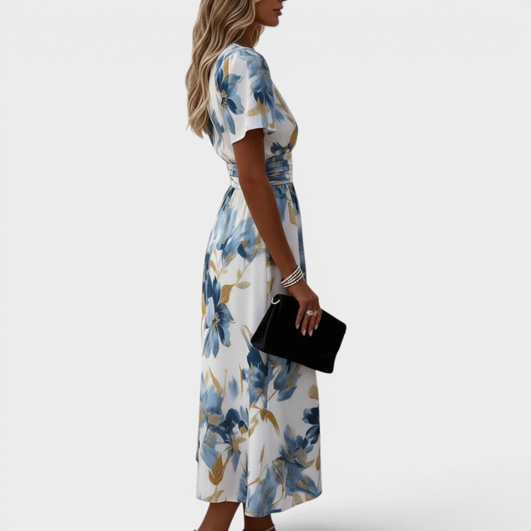 Robe midi fluide à fleurs avec taille portefeuille de Danoir Paris, style élégant et féminin, vue de face.