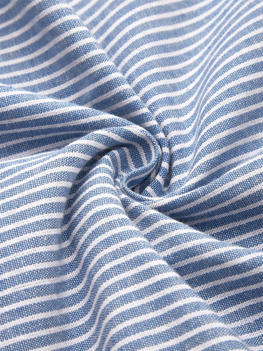 Robe midi rayée pour femmes Danoir Paris, modèle Jarna en tissu bleu, longueur mi-mollet, style élégant et confortable.