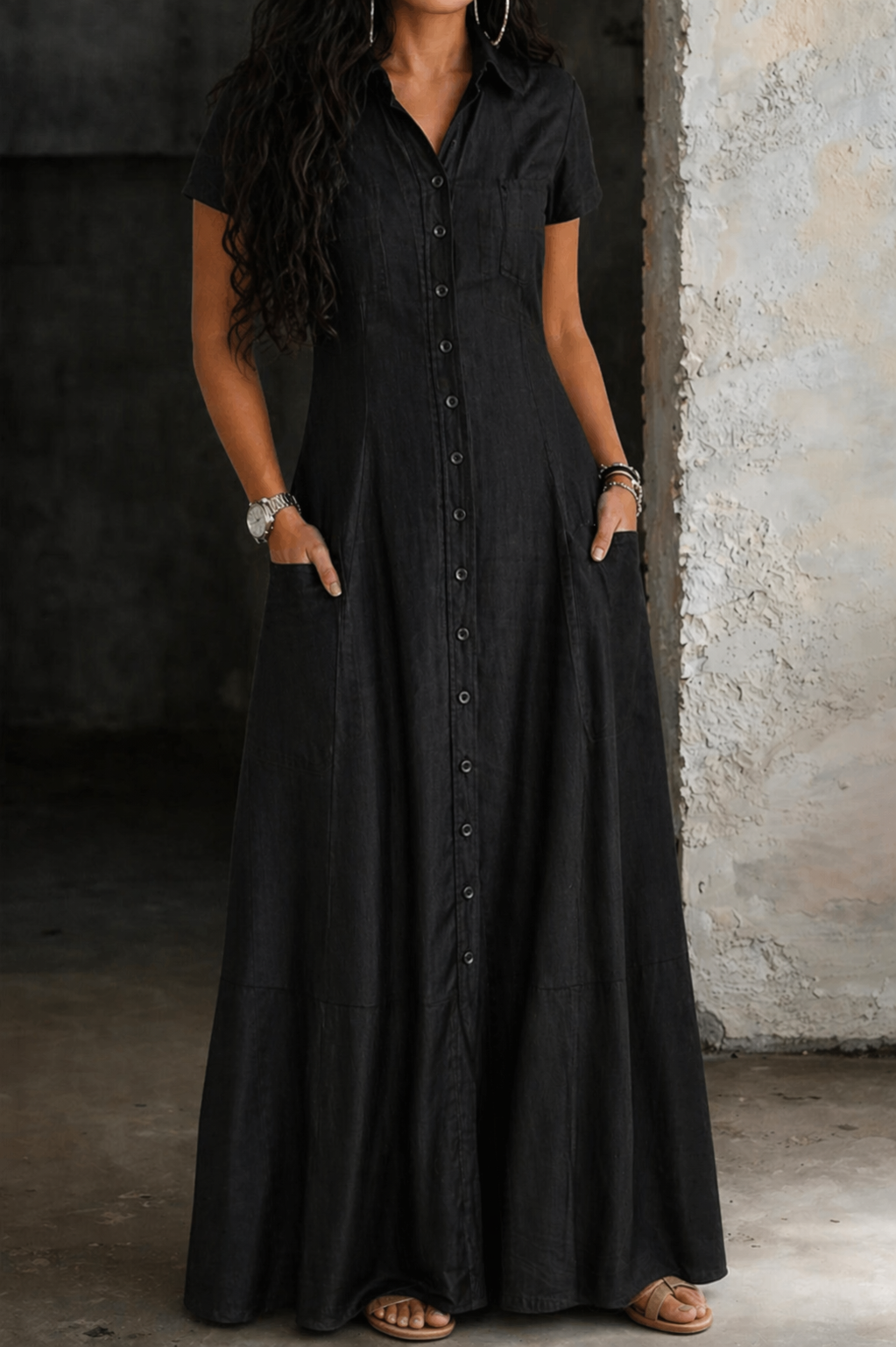 Robe longue en denim Eliza de Danoir Paris, vêtement élégant en jean bleu avec décolleté et manches longues.