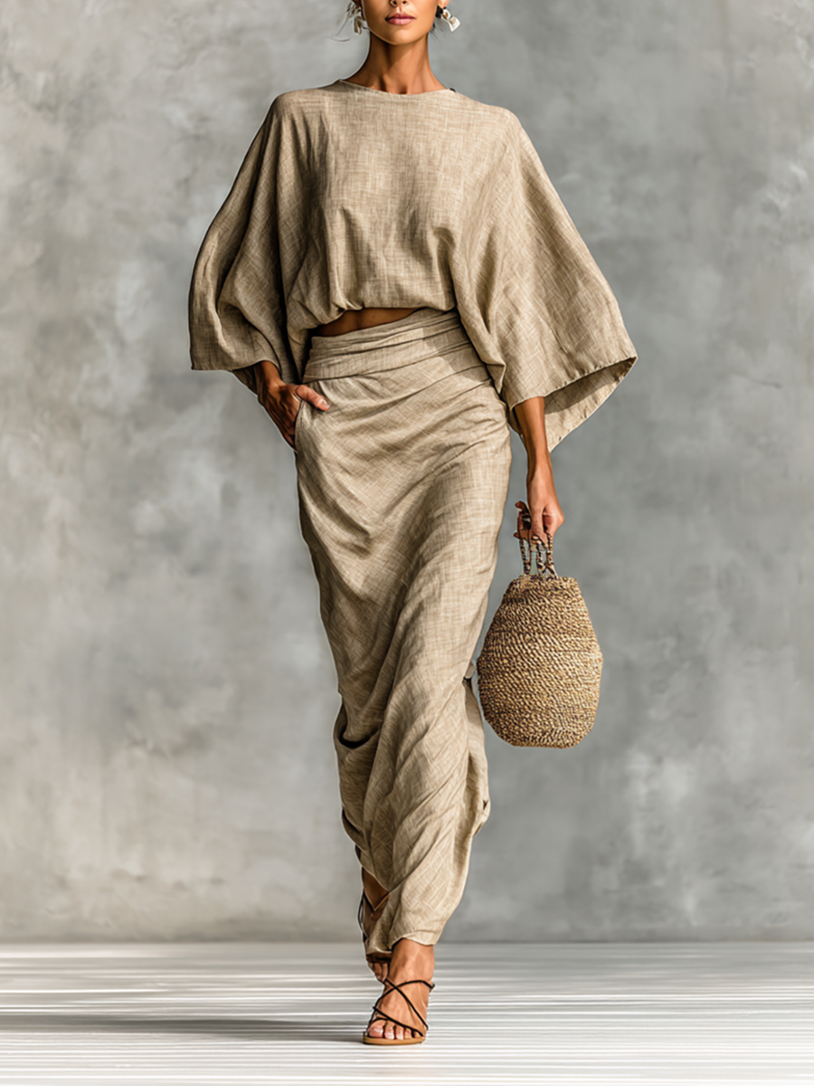 Robe Danoir Paris Paule avec jupe kaki à manches longues, élégante et confortable, vue de face.