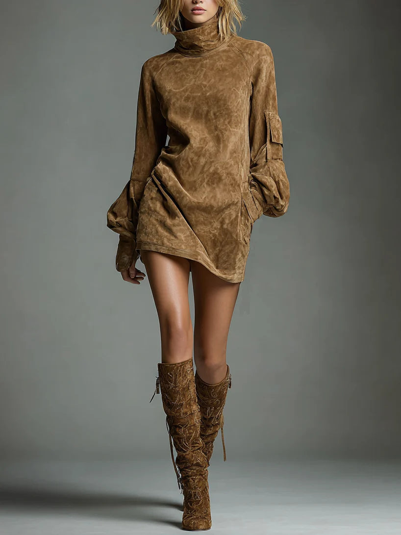 Robe mini oversize en suédine marron Bibiane de Danoir Paris avec col montant, vue en détail sur mannequin.