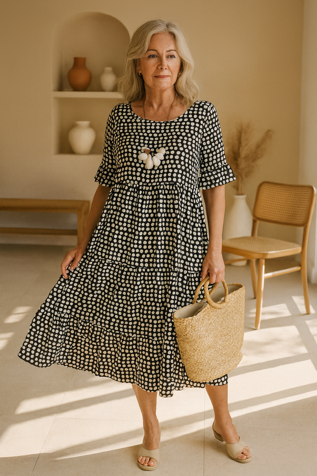 Robe midi courte marron Danoir Paris avec manches courtes, élégante et fluide, portée sur un mannequin.