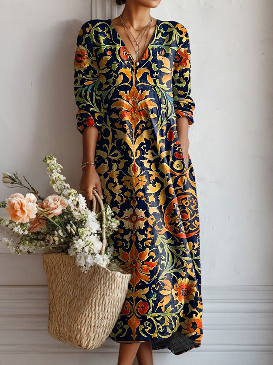 Robe Danoir Paris Yana, robe de confort quotidien multicolore en tissu doux, porté avec manches longues et coupe décontractée.