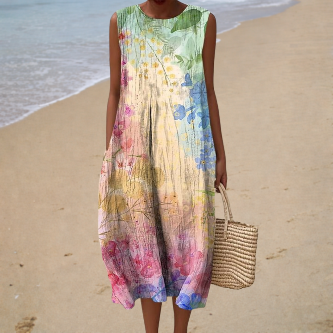 Robe midi bohème Danoir Paris Lucienne, style fluide avec imprimé floral, idéale pour un look décontracté et élégant.