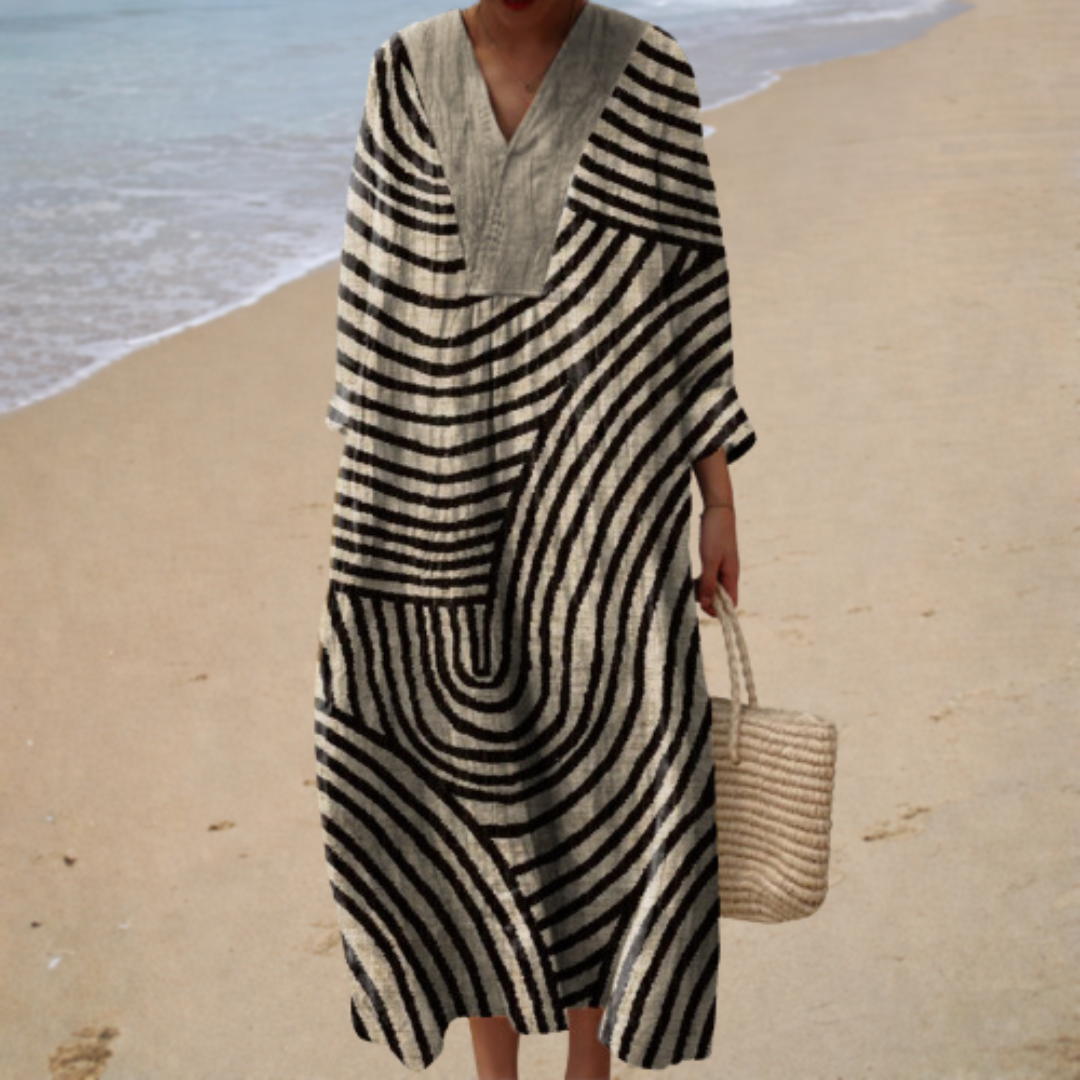 Robe longue graphique Solène de Danoir Paris, robe élégante avec motif moderne, portée fluide et style sophistiqué.
