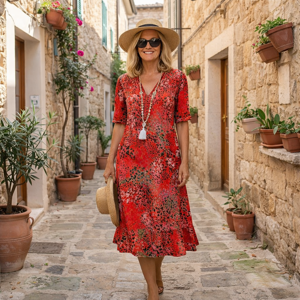 Robe midi élégante imprimée Rachel de Danoir Paris en rouge écarlate, parfaite pour une allure sophistiquée.