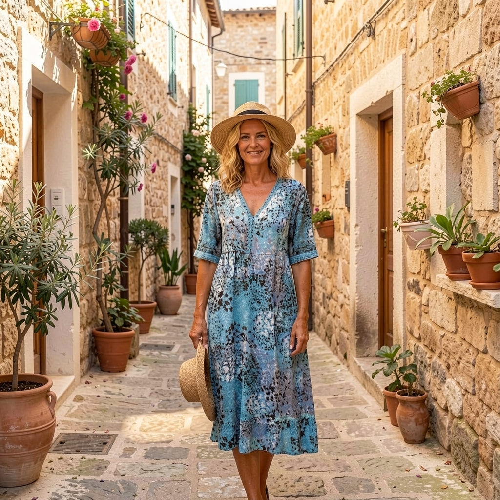 Robe midi élégante Rachel de Danoir Paris avec imprimé sophistiqué, couleur rouge scarlet, pour femmes.